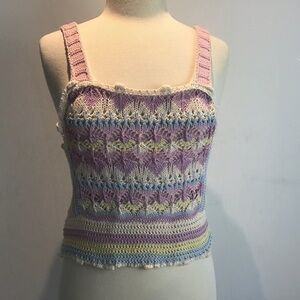 Crocheted lilac/blue/ off white square neck cropped cotton cami Zara top Med NWT